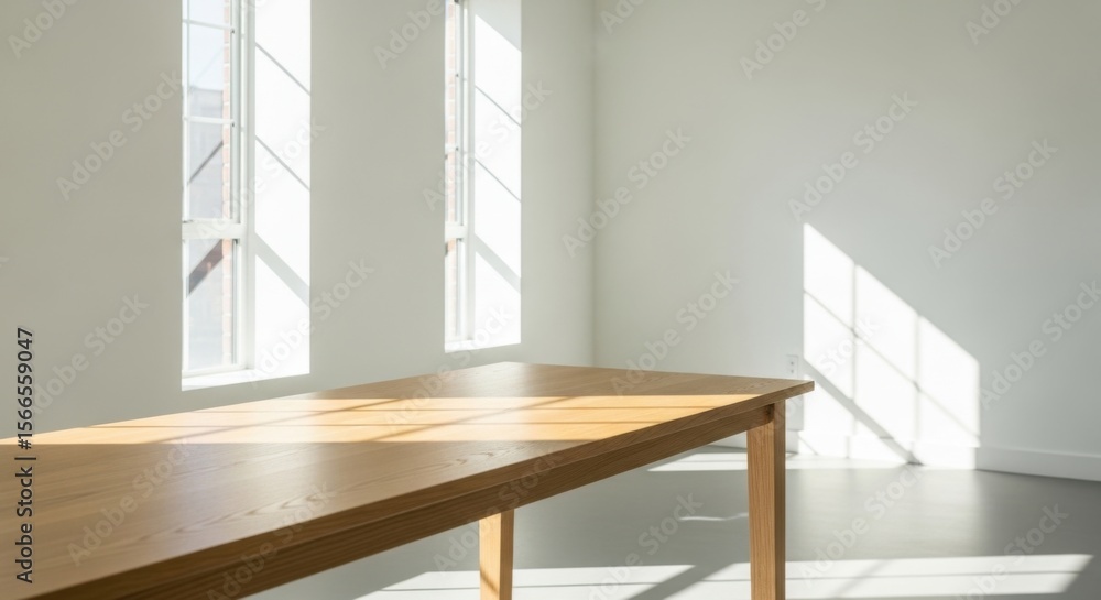 Fototapeta premium Wooden Table in Bright Room with Sunlight Streaming Through Windows