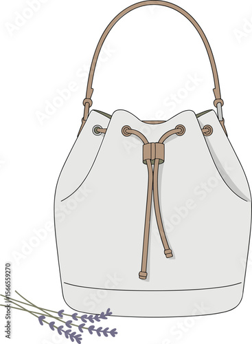Minimalist bucket bag illustration, modern fashion accessory design, stylish drawstring handbag artwork, elegant shoulder purse sketch for branding.