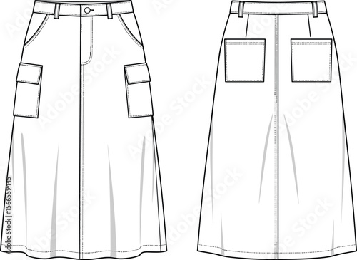 Women's Fashion Cargo Midi Skirt Flat Cad Drawing, Versatile Casual Apparel Vector Illustration for Design Projects, Comfortable Utility Style Bottom