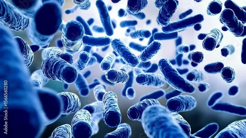 Colony of blue rod-shaped bacteria or microorganisms floating in a fluid environment for medical or scientific research.