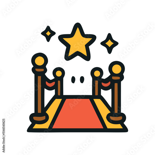 A cartoon illustration of a red carpet with gold stanchions and stars above.
