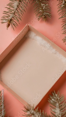 Empty pale pink gift box with snow dusted pine branches on soft coral background christmas