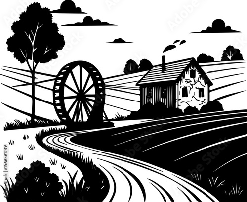 Canvastavla Rural Farm Landscape Silhouette: House, Water Wheel, and Fields
