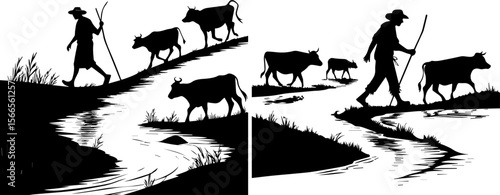 Rural Herding Silhouettes: Farmer Guiding Cattle by the River
