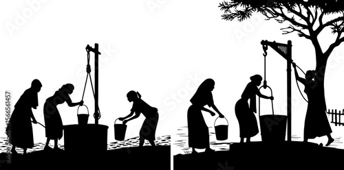 Women Collecting Water: Traditional Well Silhouettes