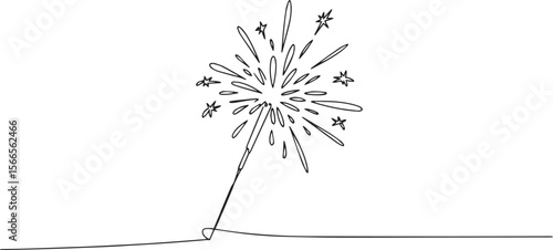  continuous line drawing of a vertical sparkler firework with starburst and star shapes in modern black and white line art