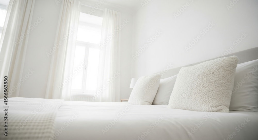 Fototapeta premium Bedroom Interior with White Bedding and Soft Light From Window