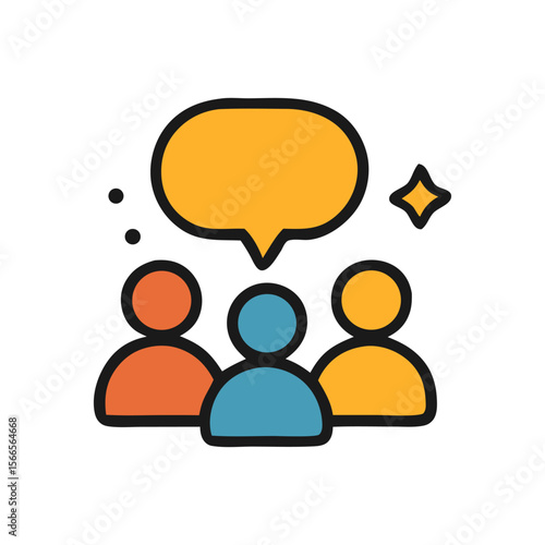 Three stylized figures beneath a speech bubble, suggesting communication, discussion, or a shared idea.