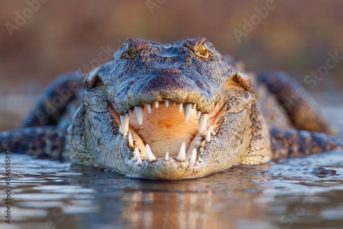 A crocodile's open mouth reveals its powerful teeth in a serene water setting
