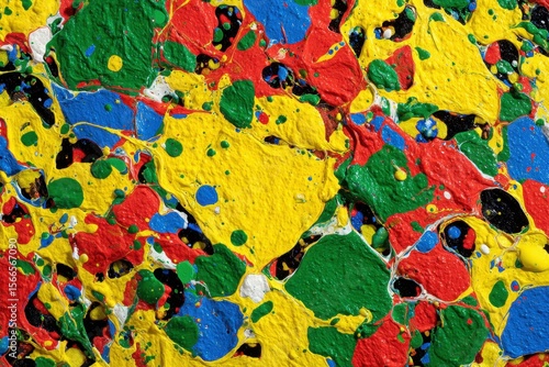 A vibrant tapestry of paint splatters in hues of red, yellow, green, blue, and black