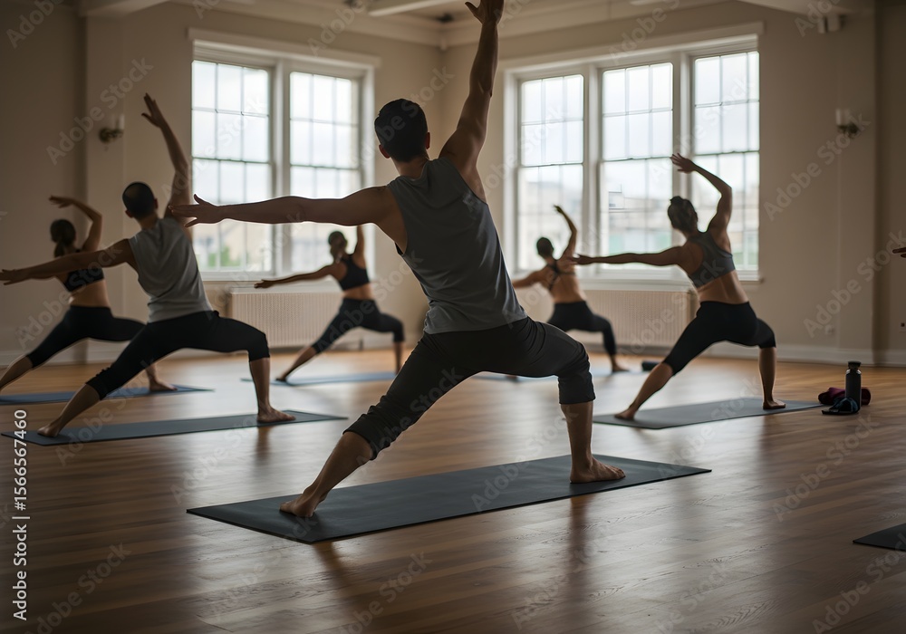 Obraz premium Back View of Group Practicing Yoga in Sunlit Studio with Depth of Field