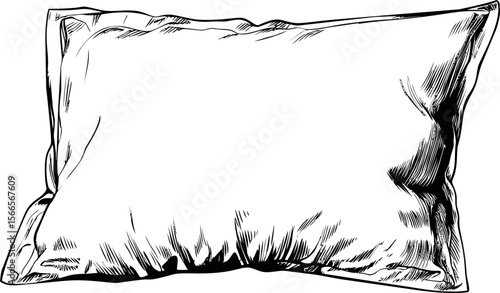 White pillow graphic drawing in black ink with shading details.