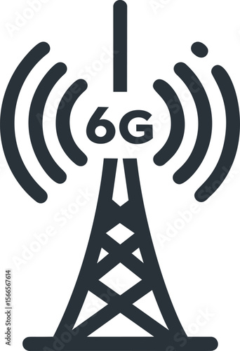 Black and white 6G communication tower with signal waves and modern design