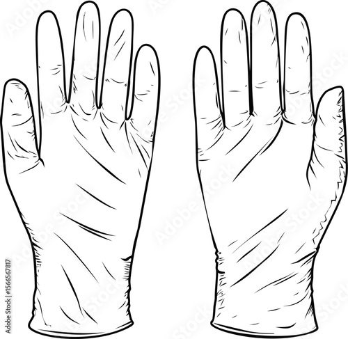Illustration of two medical gloves with detailed line art
