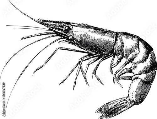 Detailed black and white line drawing of a realistic shrimp illustration