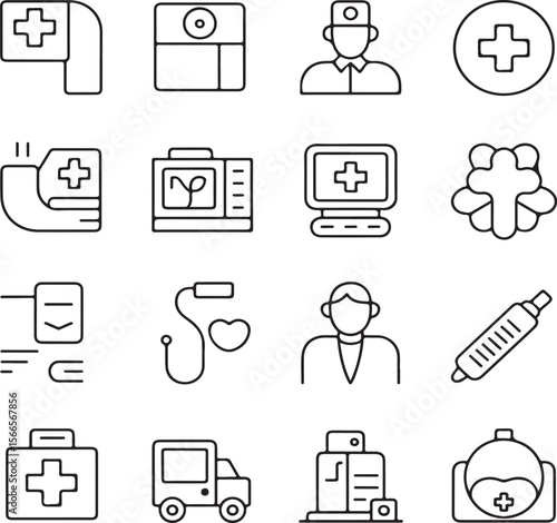 A collection of medical themed line icons arranged in a grid format