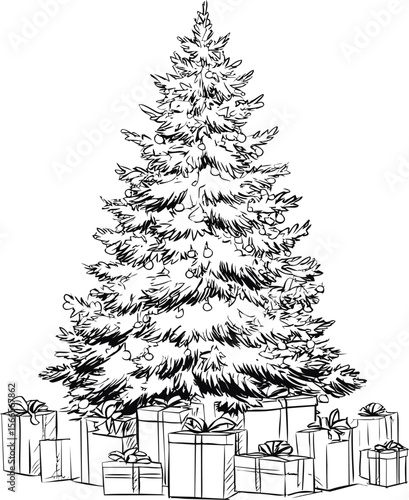 Intricate line drawing of a christmas tree with presents underneath, holiday art