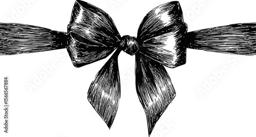 Black and white sketch of a decorative bow with long ribbons