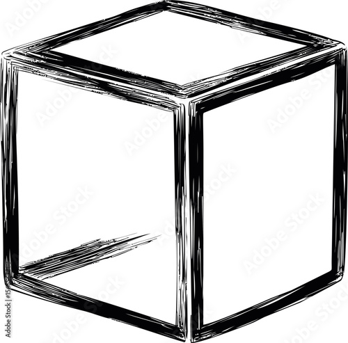 Sketch of a black and white cube with rough brush strokes on a plain background
