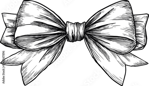 Elegant black and white illustration of a detailed ribbon bow drawing