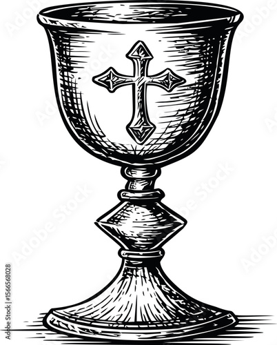 Illustration of ornate chalice with cross symbol in black and white style