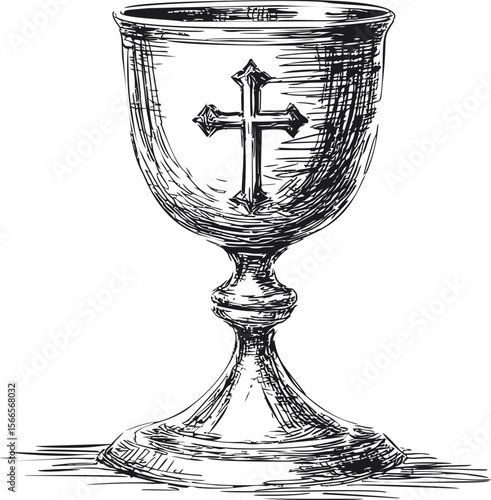 Antique chalice with cross design in detailed black and white sketch