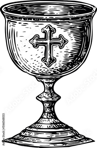 Intricate black and white chalice illustration with cross design