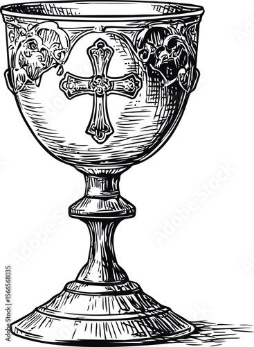 Detailed black and white illustration of a chalice with a cross design