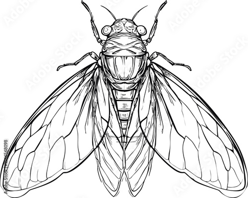 Detailed black and white illustration of a cicada insect with wide wings
