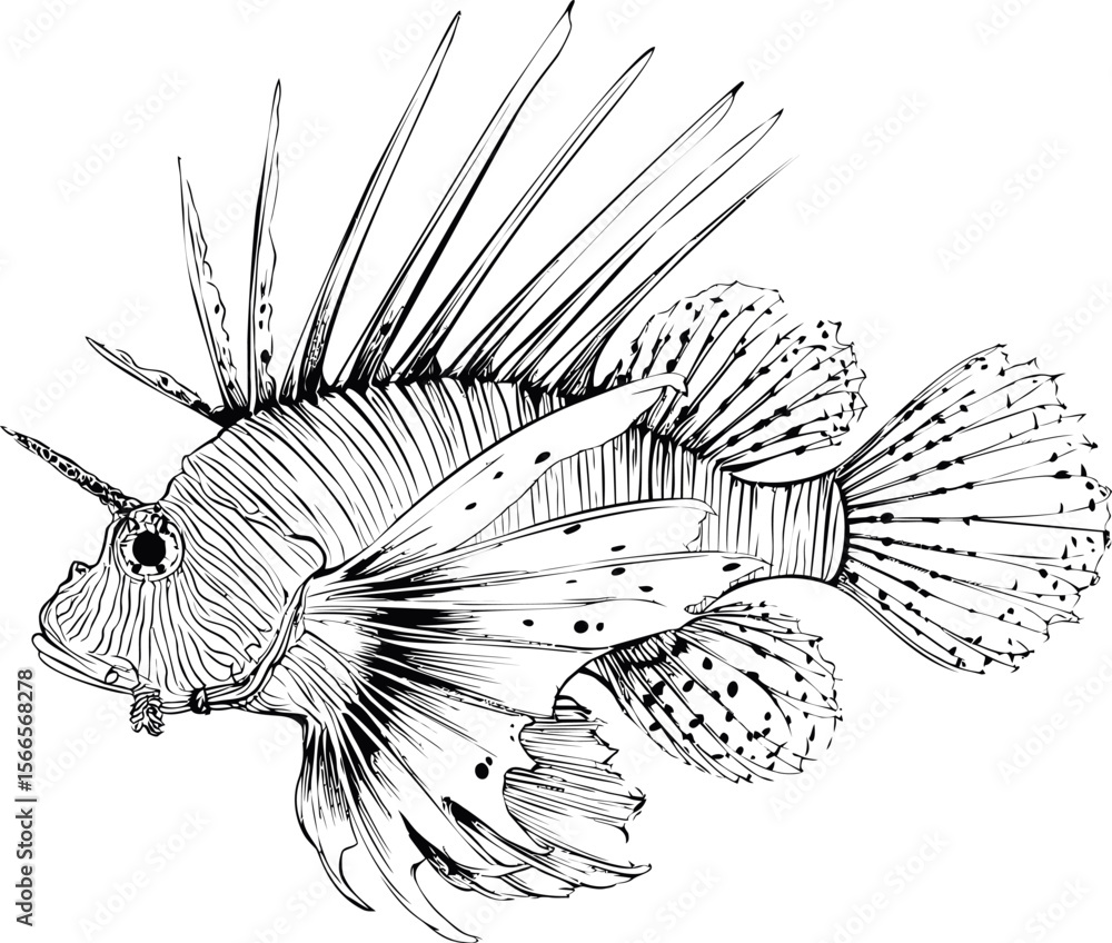 Obraz premium Black and white illustration of a lionfish with detailed spines and fins