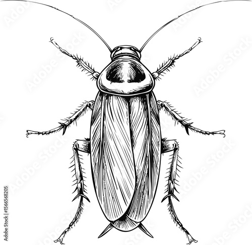 Detailed black and white sketch of a cockroach with intricate body structure
