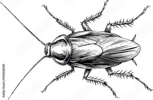 Black and white illustration of a cockroach insect with detailed features