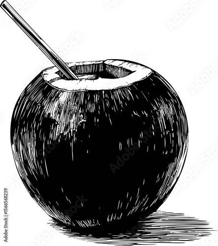 Black and white illustration of coconut with drinking straw in sketch style