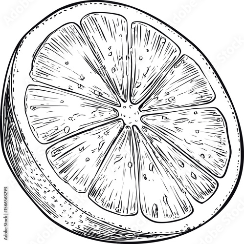 Detailed black and white illustration of a citrus fruit slice, hand-drawn style