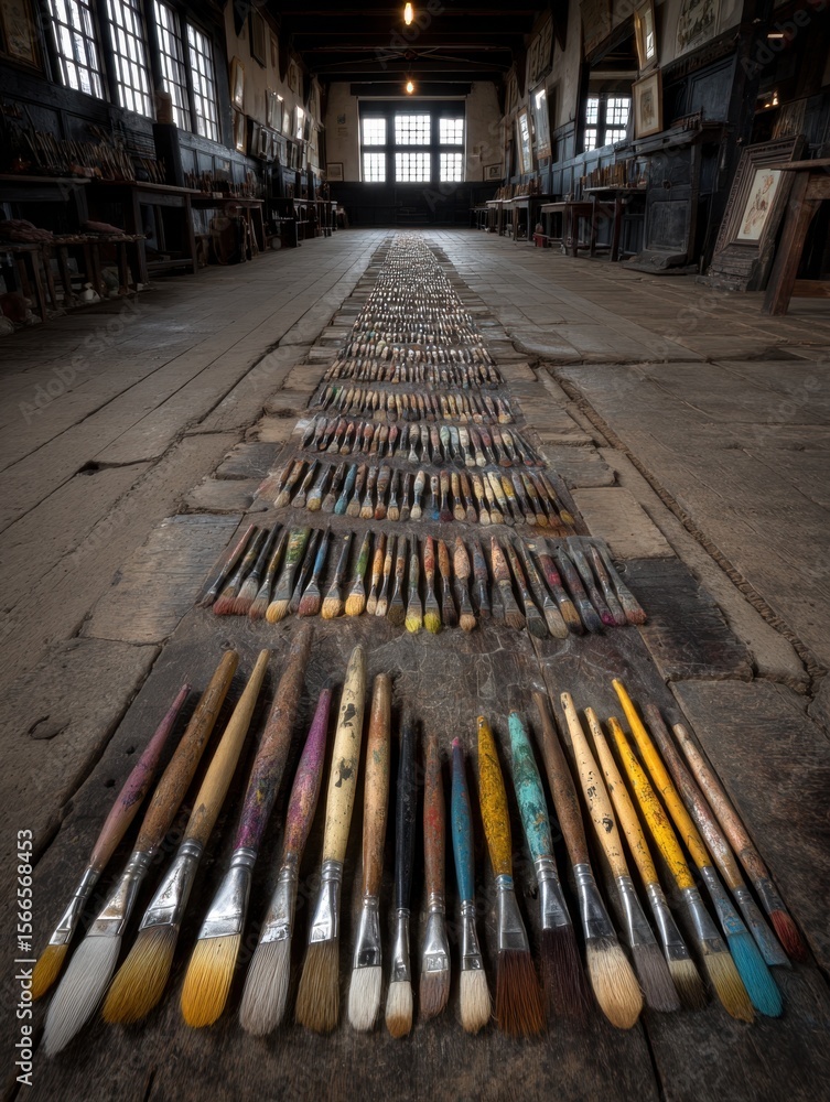 Obraz premium An array of paintbrushes in a dimly lit gallery, each with its own unique hues, awaits the artist's touch