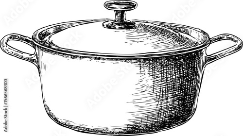Hand-drawn sketch of a vintage cooking pot with lid and handles