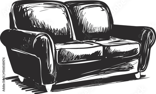 Black and white sketch of a leather sofa with cushions, vintage style illustration