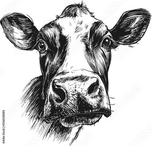 Black and white sketch of a cow's face with detailed expression, illustration art
