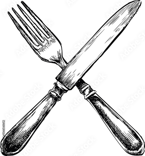 Crossed vintage fork and knife illustration in black and white sketch style
