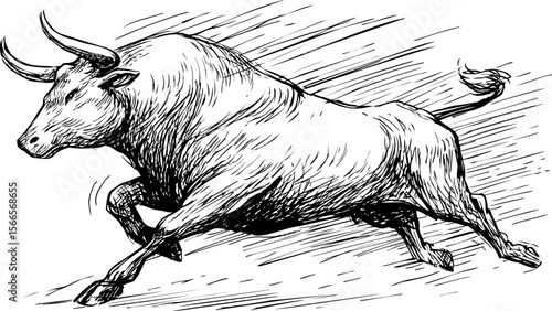 Dynamic sketch of a charging bull with detailed shading and motion lines