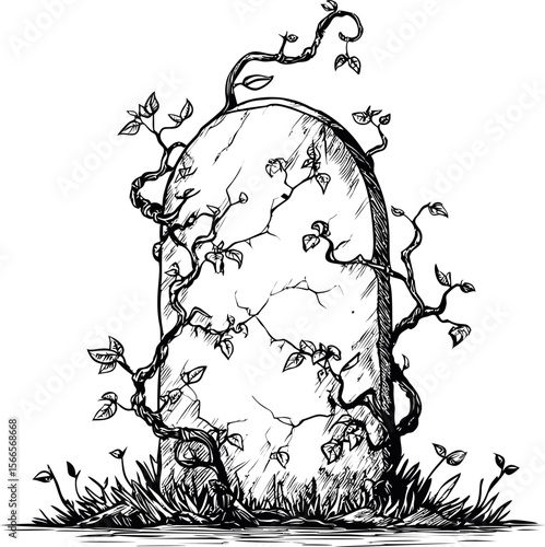 Tombstone entwined with twisting vines and leaves in black and white illustration