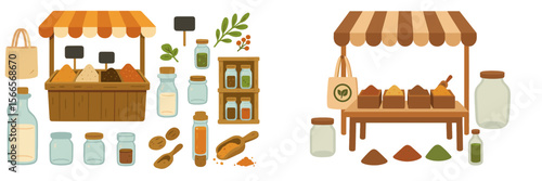 Market stalls display colorful spices and jars set up for sale in a vibrant outdoor setting during the day