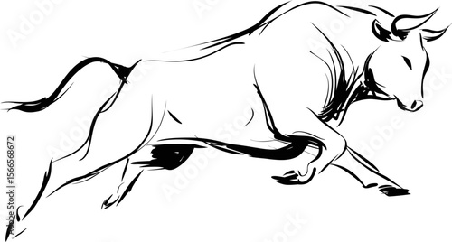 Dynamic black and white sketch of a leaping bull in mid-air movement