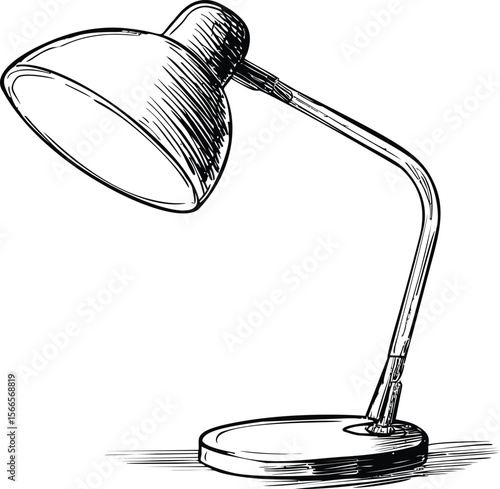 Black and white sketch of a modern desk lamp with a curved neck