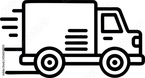 Simple black and white line icon of a fast delivery truck moving swiftly