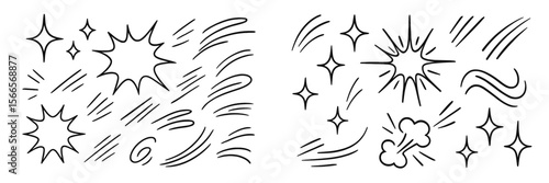 Dynamic illustrations of movement and energy burst with lines and stars in black and white art