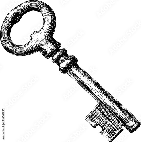 Antique key with intricate design in black and white, vintage illustration