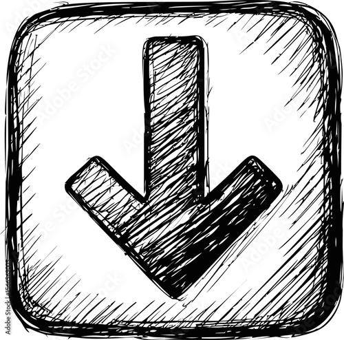 Hand-drawn black and white down arrow inside a square sketch illustration