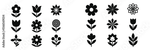 Collection of black flower silhouettes showcasing a variety of designs and shapes for artistic and decorative use