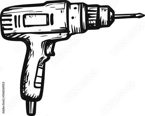 Black and white illustration of a cordless drill with detailed sketch lines